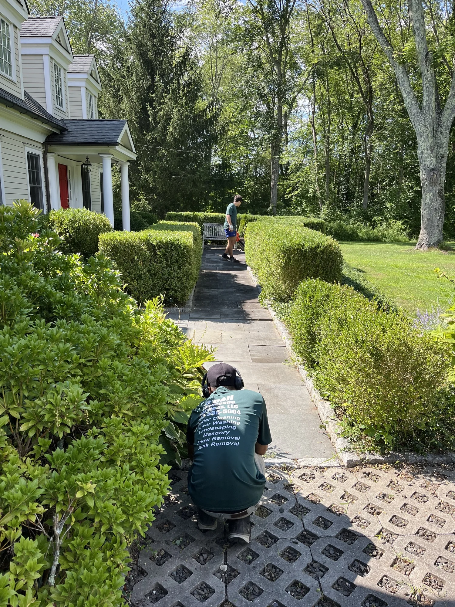 Freshly maintained Greenwich property with mulched beds and manicured lawn